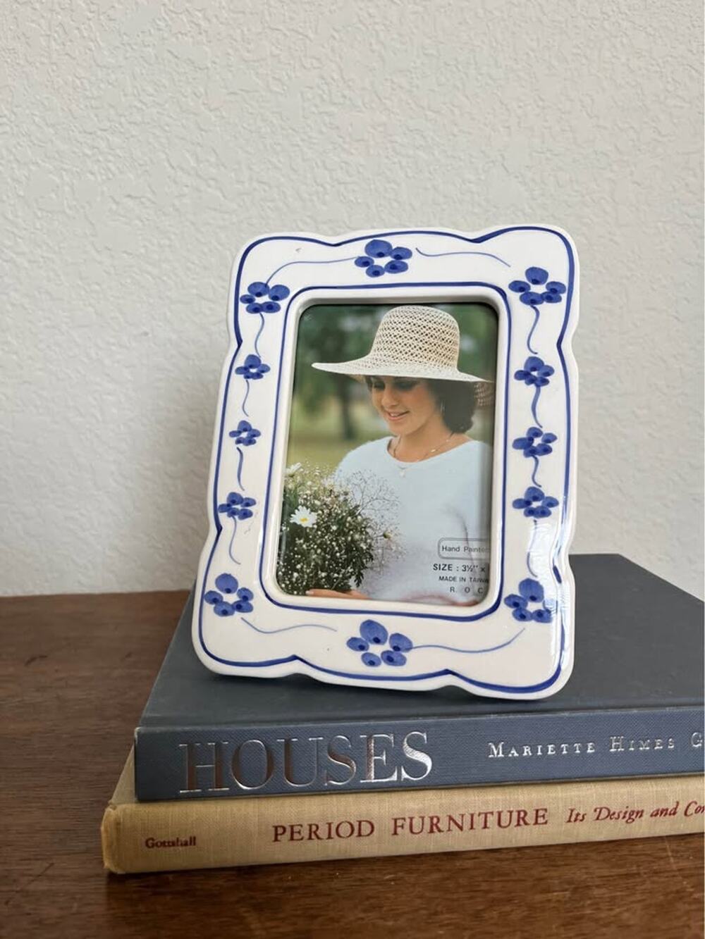 Vintage Hand Painted Ceramic Blue Floral Picture Frame